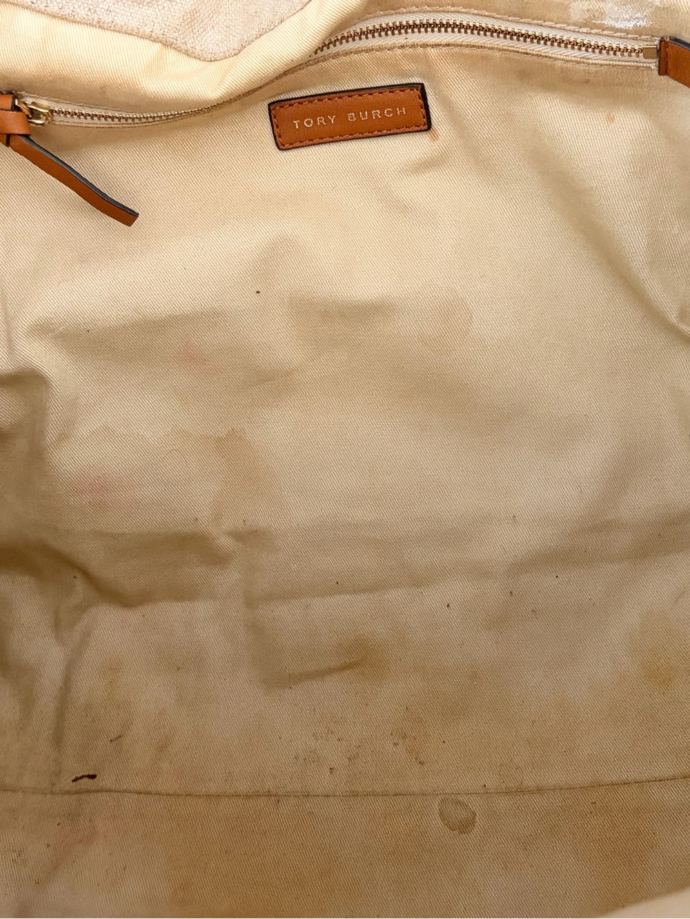 Tory Burch Beige Canvas Tote with Brown Leather Trim and Embroidered Medallion - Picture 14 of 15